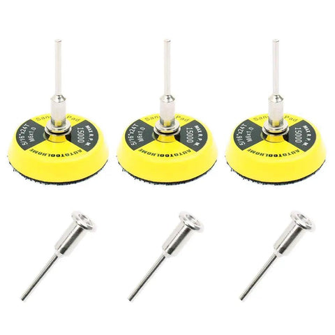 2 Inch Hook And Loop Sanding Pad With One Eighth Mandrel Adapter For Drills And Rotary Tools, yellow circular pads with metal shanks.