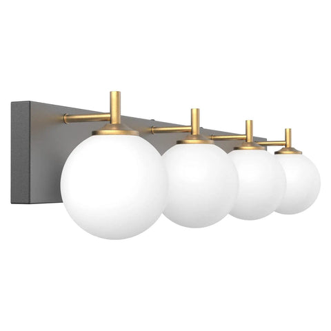 Mid Century Modern Four Light Vanity Light With Milky Glass Globes Over Mirror Dope Vintage Style Bathroom Fixtures Featuring Gold Pole And Matte Black Base For Soft Uniform Illumination, side view