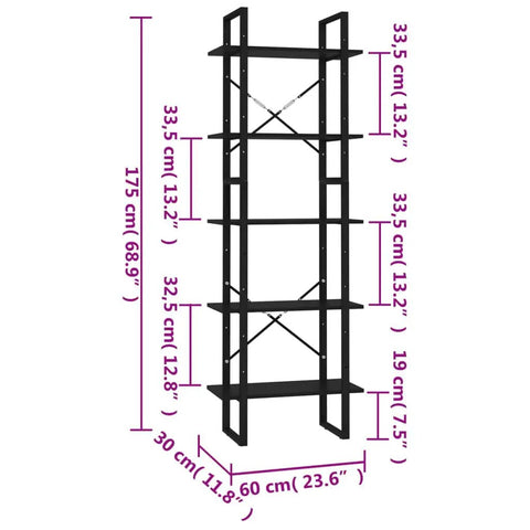 Wall Mounted Book Cabinet With Adjustable Shelves In Black Engineered Wood And Metal Five Tier Shelf measurements diagram