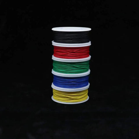 Stack of five spools in black, red, green, blue, yellow for Five Pack 164 Ft Copper Hookup Wire Kit 30AWG Solid Core Tinned Copper Jumper Wire