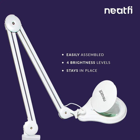 Side view of LED Magnifying Lamp With Clamp, 1,200 Lumens, 5-Inch Glass Lens, adjustable arm, white finish, 2.25x magnification.