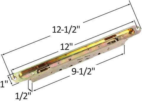 Heavy Duty Dual Point Double Hook Sliding Glass Door Mortise Lock With 3/8 Inch Recessed Plate and 12.5 Inch Hole Spacing dimensions shown.