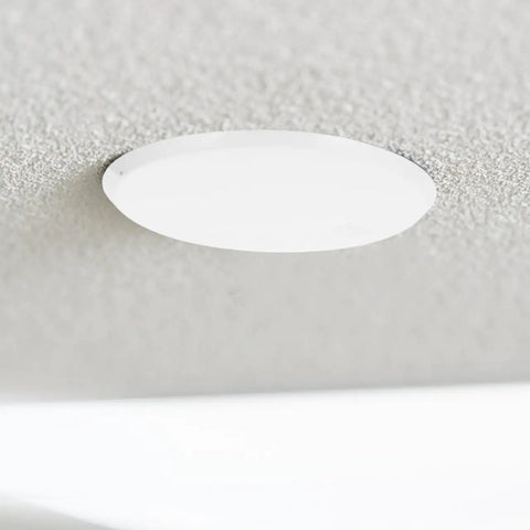 Concealed Premium Quality Fire Sprinkler Covers 2 Pack 3.34 Inch Round Ceiling Rings on textured ceiling.