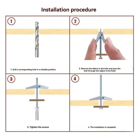 Installation steps for Fifty Pack One Eighth Inch Toggle Bolts For Drywall And Ceiling Mounts Heavy Duty Anchors Kit With Screws Rustproof Galvanized Metal Toggle Anchors For Rock Solid Wall Installations