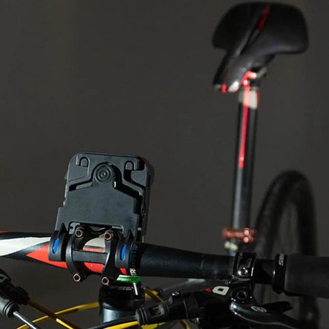 Badass Bicycle Laser Calibrator And Saddle Positioner Bike Tool With Integrated Charging Port mounted on bike handlebar.