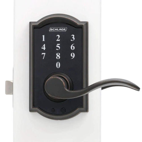 Aged Bronze Electric Touch Screen Entry Lock With Camelot Lever, Refurbished Like New, Steel Construction, Keyless Entry