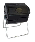 Front view of 37 Gallon Plastic Single Chamber Rotating Tumbling Compost Bin With Elevated Stand For Outdoor Rolling Garden Composting