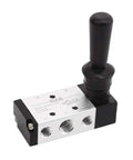 5 Way 2 Position Hand Lever Pneumatic Valve With One Quarter Inch NPT Inlet And NPT Outlet Ports Plus One Eighth Inch NPT Exhaust