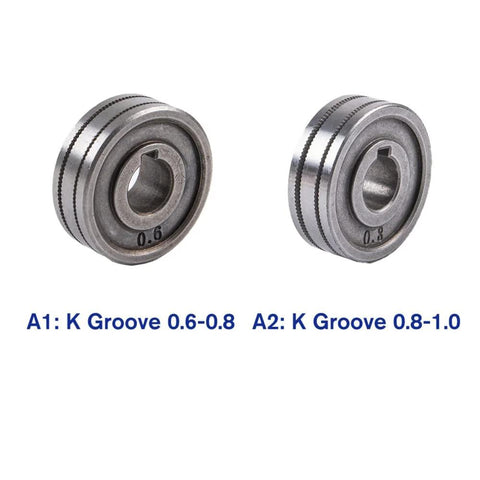Two knurled MIG/MAG welding wire drive rollers for 0.6-0.8 mm and 0.8-1.0 mm wire, steel construction