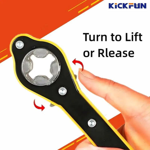 Slick Auto Jack Ratchet Wrench Genuine Garage Grade Rig Ready Scissor Jack Adapter 360 Swivel Tire Lifting Speed Handle close-up showing lifting mechanism.