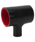 Universal T Shape Silicone Hose Pipe For Air Intake Supercharger BOV Coupler 57X25mm Fits Engine Bay Flexible Durable Material Ensures Quick Install Smooth Airflow Stability For Tight Turbo Builds With Sick Look And Reliable Performance. Black red T-shape silicone hose coupler for turbo intake, 57x25mm