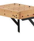 Heavy Duty Wooden Workbench With Front Vise And Clamping Platform Rock Solid Workshop Station Built Different For Tough Carpentry Tasks And Pro Woodworkers, wall-mounted design with visible clamping holes.