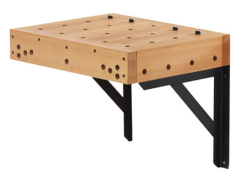 Heavy Duty Wooden Workbench With Front Vise And Clamping Platform Rock Solid Workshop Station Built Different For Tough Carpentry Tasks And Pro Woodworkers, wall-mounted design with visible clamping holes.