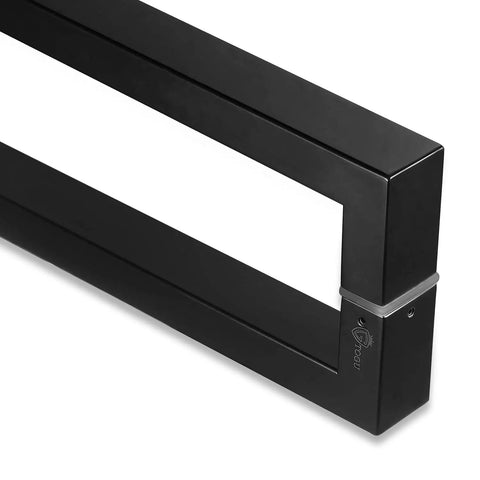 12 Inch Heavy Duty Stainless Steel Door Handle With Solid Standoffs, Rectangle Push-Pull Design, SUS 304 Matte Black, R3825, Tough As Nails Built To Last For High-Traffic Commercial Doors. Close-up of matte black rectangular stainless steel door handle with solid standoffs