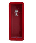 Rugged Outdoor Fire Extinguisher Cabinet Lock Box Red Weatherproof Steel Holder interior view for securing 15 lbs extinguisher.