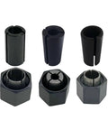 Badass Socket Wrench Assembly Collet Set With Matched Hex Nut Pairs showing black steel collets and hex nuts for metalworking tasks.