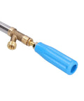 Close-up of blue handle and copper nozzle of Heavy Duty High Pressure Garden Sprayer With Adjustable Nozzle For Lawn Yard And Farm Irrigation.