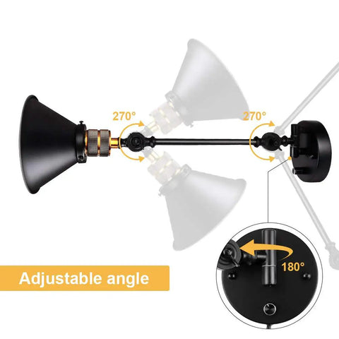 Plug In Wall Sconces Two Pack With Swing Arm, Dimmable Rotary Dimmer Switch, Black Metal Vintage Industrial Lighting adjustable angle