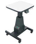 Rugged Electric Optical Lift Table For Eye Care Clinics Featuring Smooth Silent Height Adjustments And Plenty Of Roomy Storage Drawers In Matte Black Coating, mobile base with white top.