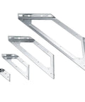 Four sizes of Heavy Duty Knockout Stainless Steel Corner Brackets 90 Degree L Shape Wall Shelf Bracket Set for sturdy support.