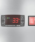 Digital temperature display of the Straight Up Heavy Duty Commercial Two Door Refrigerator 35 Cubic Feet Stainless Steel.