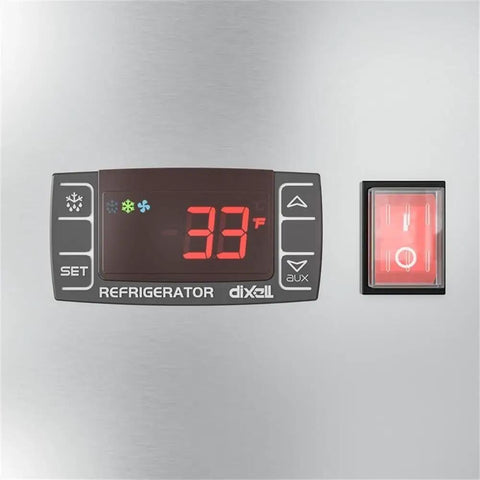 Digital temperature display of the Straight Up Heavy Duty Commercial Two Door Refrigerator 35 Cubic Feet Stainless Steel.