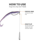 Diagram showing 52 Pack Drop Shot Rig Kit With 8 Sizes Swivel Hooks And 20 Weights For Quick Drop Shot Rigging On Bass Fishing Trips No Tie Swivel Hooks Save Time Versatile Tackle For Easy Rigging And Better Bass Catch with labeled swivel ring and snap clip.