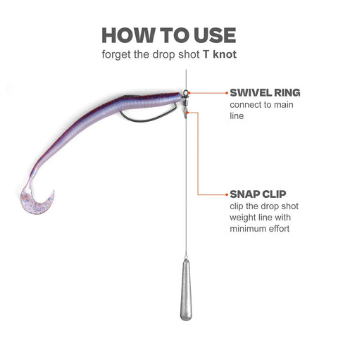 Diagram showing 52 Pack Drop Shot Rig Kit With 8 Sizes Swivel Hooks And 20 Weights For Quick Drop Shot Rigging On Bass Fishing Trips No Tie Swivel Hooks Save Time Versatile Tackle For Easy Rigging And Better Bass Catch with labeled swivel ring and snap clip.