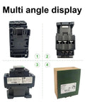 Multi-angle view of Non Reversing 3 Pole Contactor, 25A, 120VAC Coil, with packaging and auxiliary contacts.