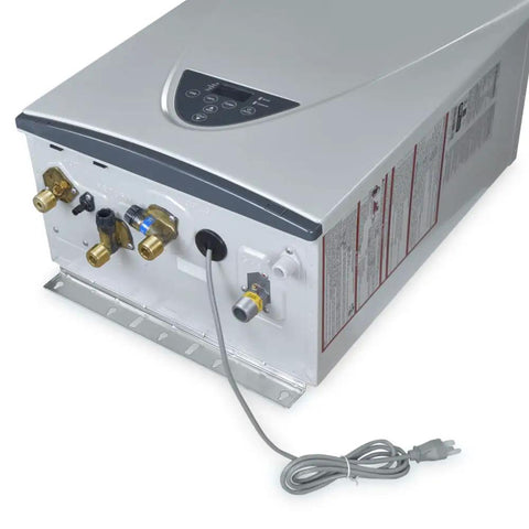 Real Deal Natural Gas Tankless Water Heater With Badass 10 GPM Flow And 199000 BTU Powerplant back view showing connections and electrical cord.
