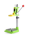 Ycauty Adjustable Mini Bench Drill Press Stand With 360 Degree Rotation Electric Rack Holder For Home Use Steel And Plastic Projects Height Flexible Clamp Tool Accessory Solid Build side view showing green and yellow design.