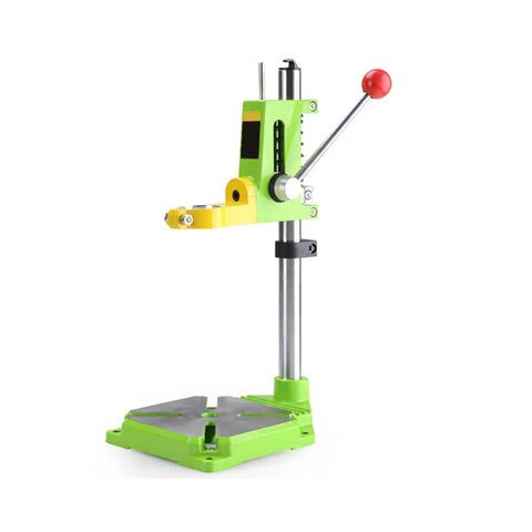 Ycauty Adjustable Mini Bench Drill Press Stand With 360 Degree Rotation Electric Rack Holder For Home Use Steel And Plastic Projects Height Flexible Clamp Tool Accessory Solid Build side view showing green and yellow design.