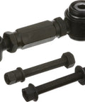 Beefed Up Suspension Control Arm Replacement For Cars, OE Grade Build, 100 Percent Crack And Ultrasonic Flaw Tested, Robot Welded For Consistent Strength, Ball Studs Machined To Micron Tolerances For A Smooth And Durable Joint, black control arm with bolts