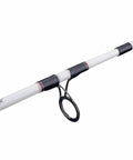 Close-up of 7 Foot Catfish Spinning Rod Two Piece For Heavy Duty Catfishing, showing white rod with black and red accents, guide ring visible.