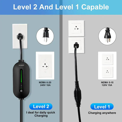 Level One And Two EV Charger Portable With 25 Foot Cable For On The Go Charging 8 To 16 Amp Adjustable Electric Vehicle Charger 110 To 240 Volt J1772 Car Charger NEMA 6 20 And NEMA 5 15 Plugs 3.84KW IP66 Waterproof Black with wall outlets