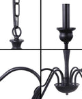 Close-up details of Six Light Farmhouse Chandelier In Black Iron For Dining Room And Kitchen Island Rustic Industrial Ceiling Light Fixture.