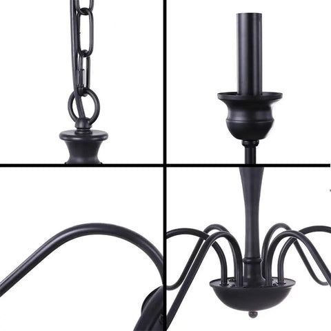 Close-up details of Six Light Farmhouse Chandelier In Black Iron For Dining Room And Kitchen Island Rustic Industrial Ceiling Light Fixture.