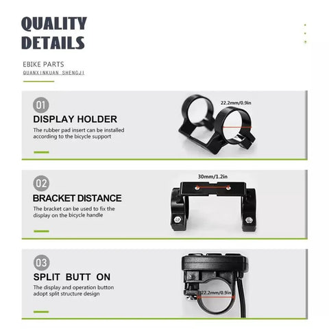 LCD Display Meter KT LCD3U All In One holder, bracket, split button details for installation, size 22.2mm, 30mm, black material.