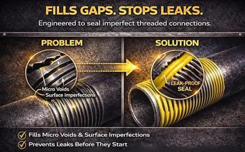 Leak Proof High Viscosity Pipe Dope That Seals Threads For All Piping Types With Low Odor Easy Bottle Brush Cap Yellow For Natural Gas Lines And Potable Water Systems Like A Pro infographic showing problem and solution of sealing threads on pipes.