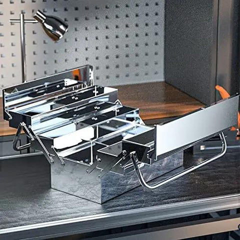 Built Like A Tank Knock Around Durable Foldable Stainless Steel Toolbox Set With Three Layer Compartments for organized tool storage.