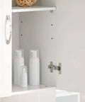 Open door view of Space Saving Wall Cabinet For Bathroom Kitchen And Laundry With Enclosed Doors Adjustable Shelf And Three Height Options Over Toilet Storage White Finish A Versatile Wall Organizer For Home Garage