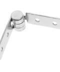 Close-up of a stainless steel heavy-duty cabinet hinge with two mounting plates and knuckle pivot.