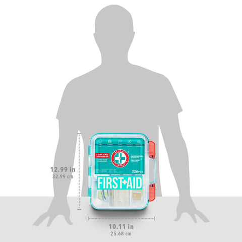 Be Smart Get Prepared first aid kit, teal, 326-piece, front view with red latch