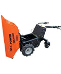 Built Tough Rock Solid Heavy Duty Electric Hydraulic Dump Cart 1100 Lb Workhorse 48 Volt Battery Powered orange cart with all-terrain tires