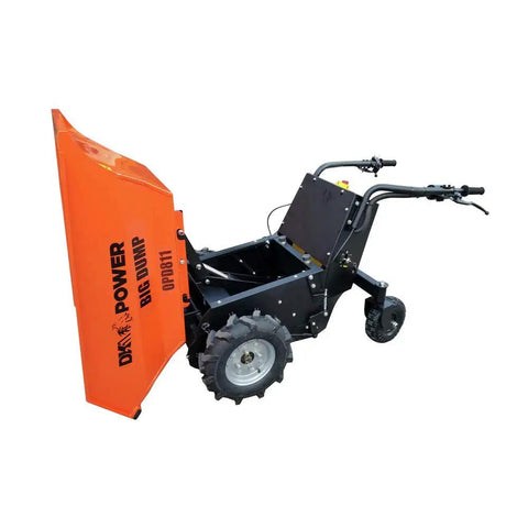 Built Tough Rock Solid Heavy Duty Electric Hydraulic Dump Cart 1100 Lb Workhorse 48 Volt Battery Powered orange cart with all-terrain tires