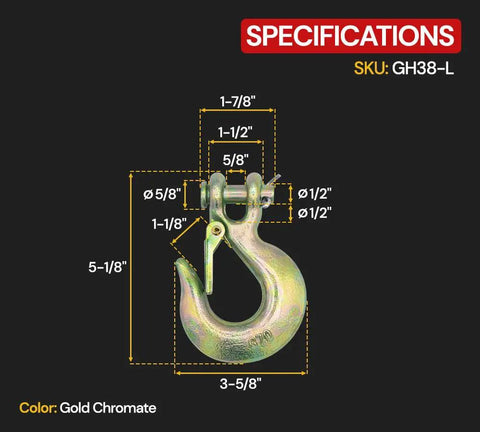 G70 Clevis Slip Hook With Latch 6600 Lbs Working Load Limit Heavy Duty Safety Chain Hook specifications and dimensions
