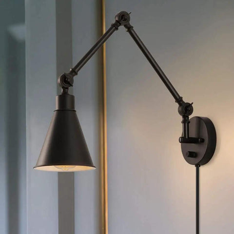 Set of 2 Swing Arm Plug in Wall Lamps with Dimmable Switch Industrial Black Metal Reading Sconces for Bedroom detail view