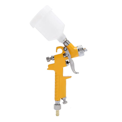 Rock Solid And Compact 125Ml Mini Spray Gun With Easy Turn Triple Knobs For Hella Smooth Paint Jobs On Cars Furniture And Walls Featuring A Precise 1Mm Nozzle Tip side view with white cup and yellow handle.