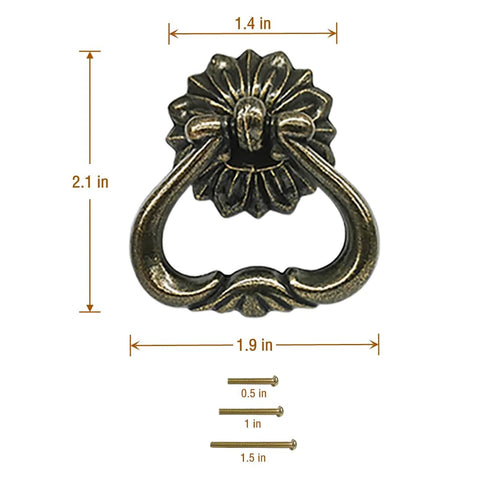 Antique Brass Cabinet Pulls 4 Pack Ring Pulls For Dresser Drawers with size measurements and screws shown