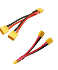 XT60 Parallel Battery Connector Cable 2 Male To 1 Female Y Harness Adapter Splitter for Quadcopter RC Helicopter Drone DJI Phantom and Hobbyist Builds 12AWG Silicone Wire 10cm Length High Current 3 Pack, two yellow connectors with red and black wires